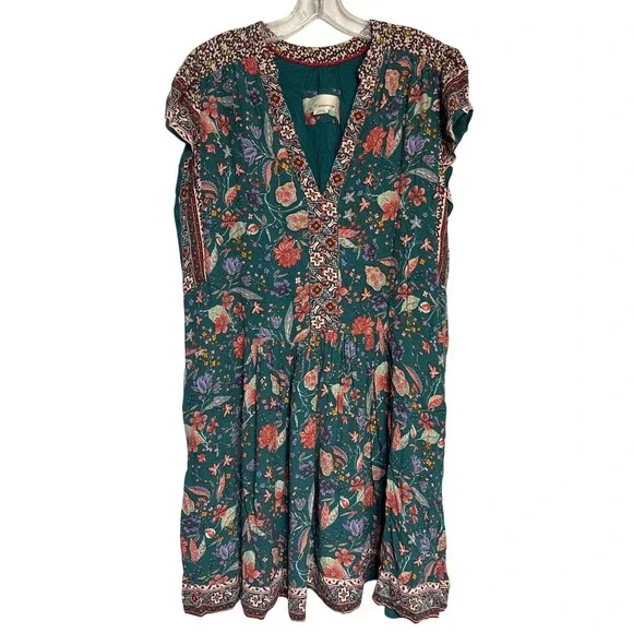 Anthropologie A+ Floral Print V Neck Mini Dress Green Red Boho Cottagecore - Picture 1 of 8